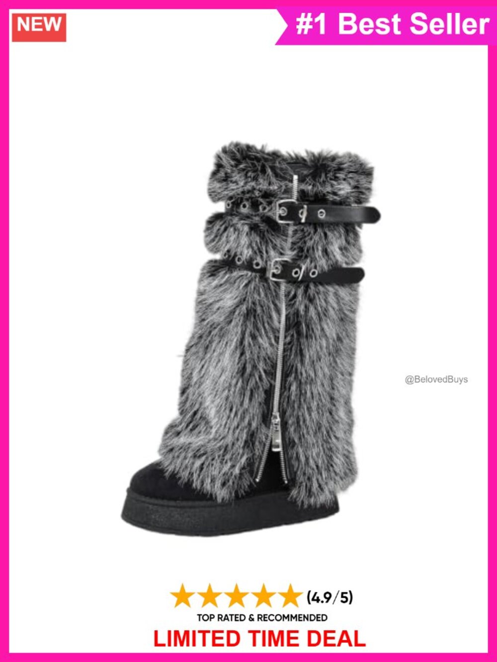 Faux Fur Knee High Platform Boots Buckle Zip Punk Y2K